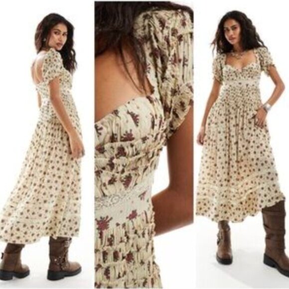 Free People Women's Bali Juniper Floral Print Ruffled Midi Dress Size 2 - Picture 6 of 11